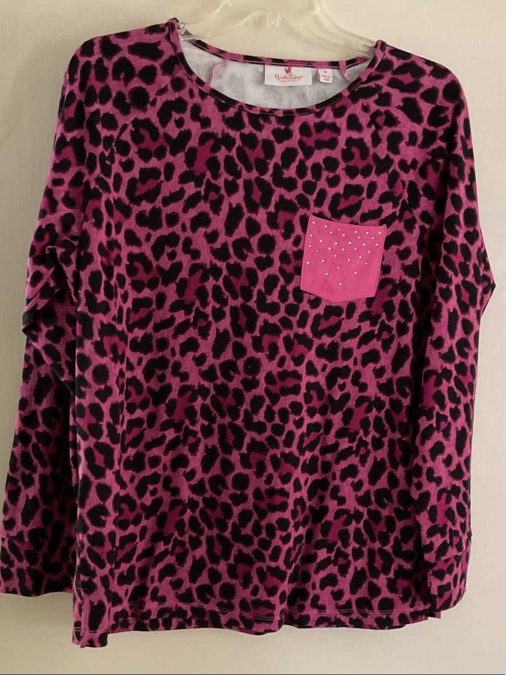 The Quaker Factory Pink Leopard Print Long-Sleeve Top with Studded Pocket NWT